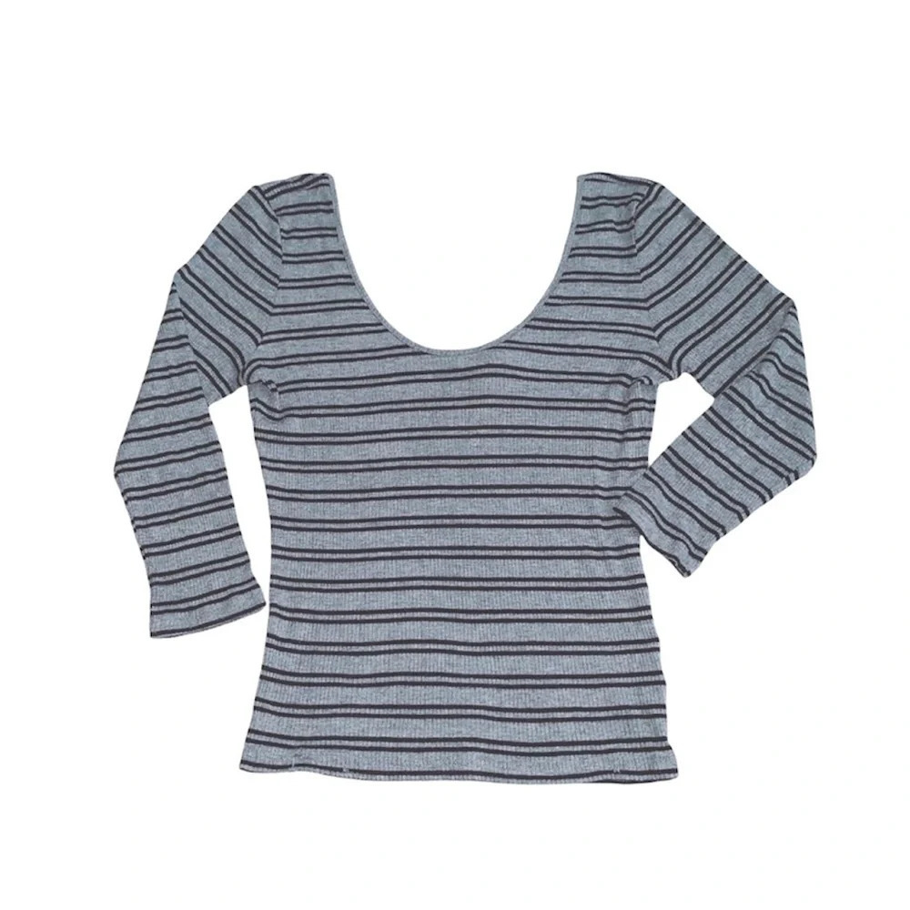 Express One Eleven Gray & Black Striped Ribbed Scoopneck Top Medium Women’s